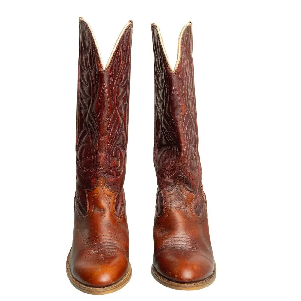 Women's Vintage 80s Dingo Stitched Cowboy Boots With Wooden Heels - Sz 8 - Picture 2 of 13